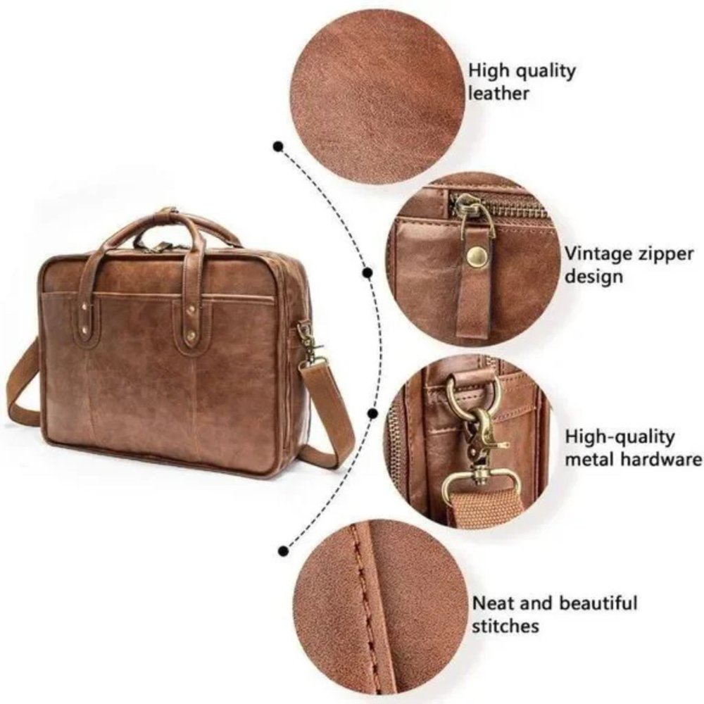 NEW Brown Leather Briefcase 15.6 Inch Laptop Bag Travel Messenger Bag - Picture 8 of 11